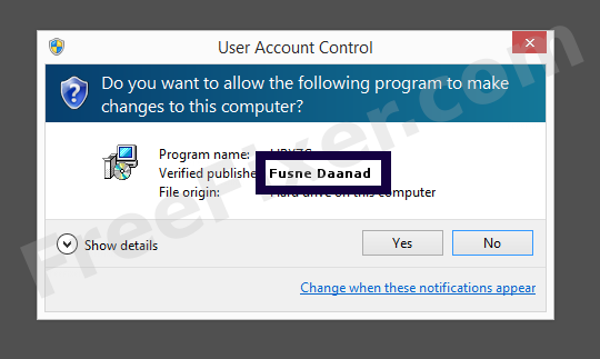 Screenshot where Fusne Daanad appears as the verified publisher in the UAC dialog